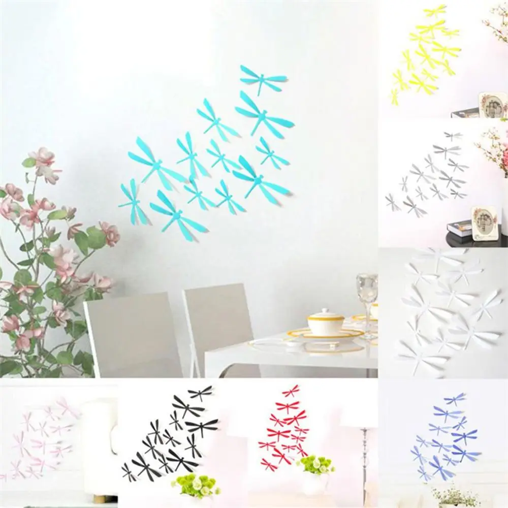 

12 Pcs Black White 3D Dragonfly Sticker Wall Door Closet Fridges Sticker Living Kids Rooms Bedroom Decor Decoration