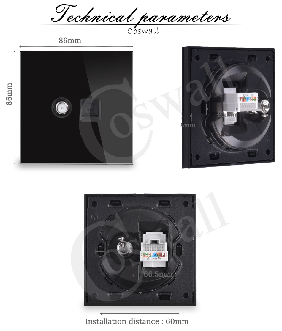 COSWALL Кристалл Закаленное стекло панель стены спутниковая розетка с компьютером интернет RJ45 CAT5E выход данных черный R11 серии