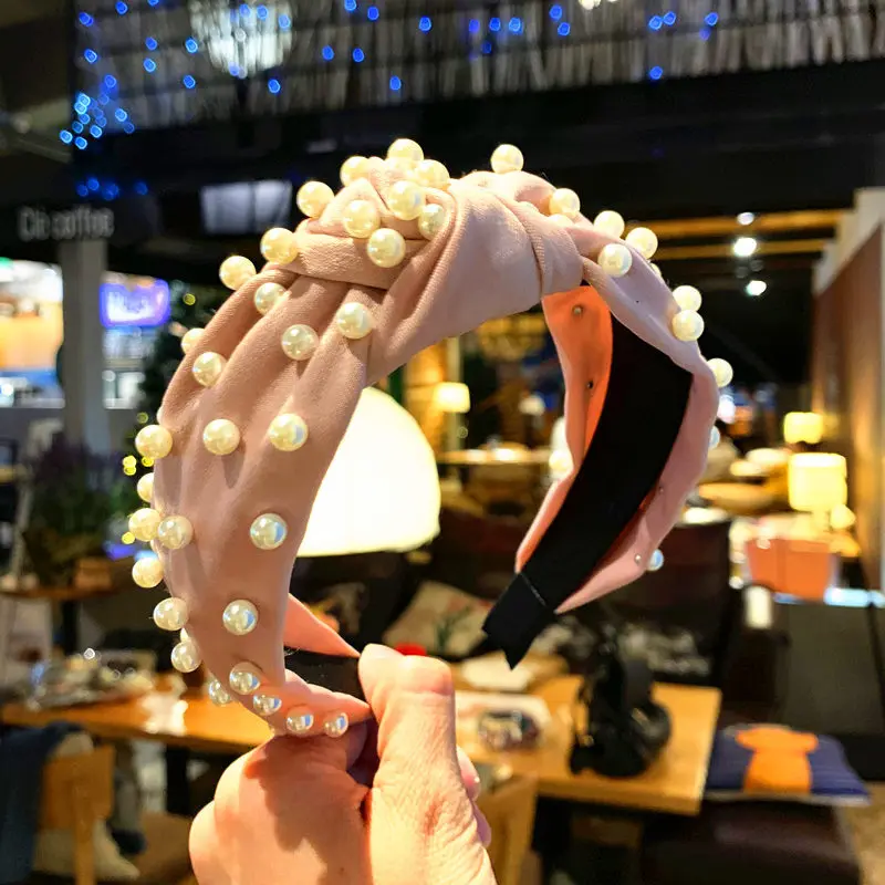 

2019 Pearl Headband Solid Coral Cloth Knotted hair band for Women Fashion Korean Style Women Vintage Accessories Pearl Hairband