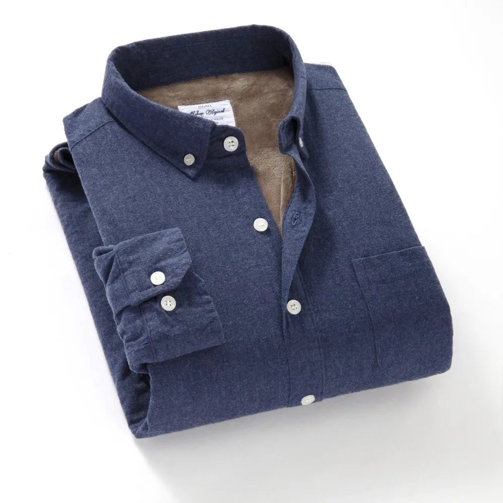 

2018 Autumn and winter men's flannel warm shirt solid plus velvet thick shirts men stretch fashion shirt male chemise camisa