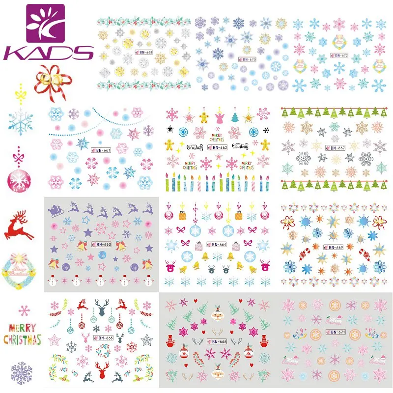 KADS 12 листов/набор Рождественский дизайн рождественские украшения Подарочные инструменты для ногтей красоты узоры наклейки для ногтей переводные наклейки на ногти