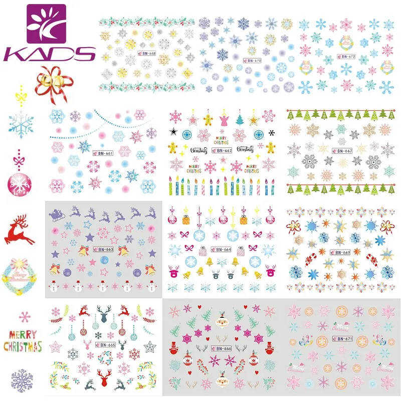 

KADS 12 sheets/set Christmas Design Christmas Decorations Gift Beauty Nail Tools Patterns Nail Water Sticker Decal Nail Stickers
