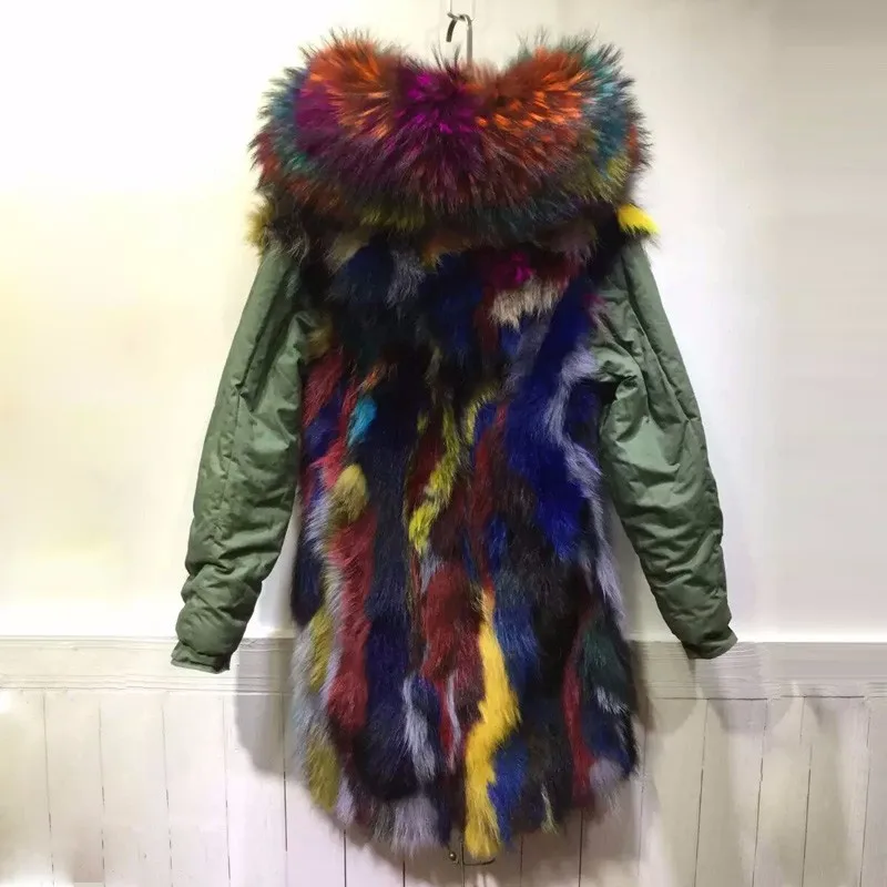 Hot 2016 Fashion high quality multi light colorful fox fur parka winter outerwear Mr Mrs real fur parka coats bubble coat women
