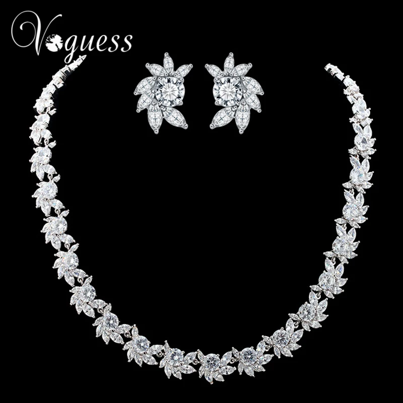 VOGUESS Cz Wedding Jewelry Sets Silver Color Rhinestone Flower Earrings Necklace Bridal