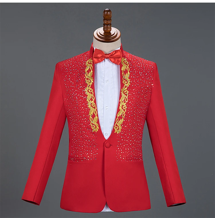 Red Sparkly Crystals Embroidery Blazers Suit Wedding Groom White Suits Stage Chorus Men Dresses Singer Host 2-Piece Set Costume