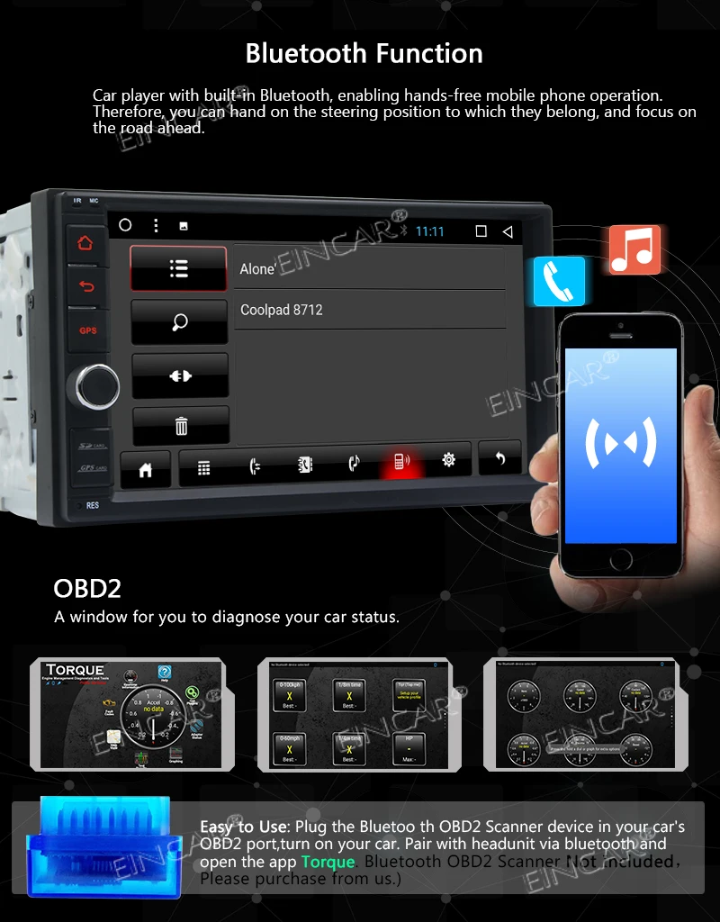 Perfect EinCar In Dash Android 8.1 Double Din 7 inch Capacitive 1024*600 Touch Screen Car Stereo NO DVD Player GPS Navigation WiFi Blue 2
