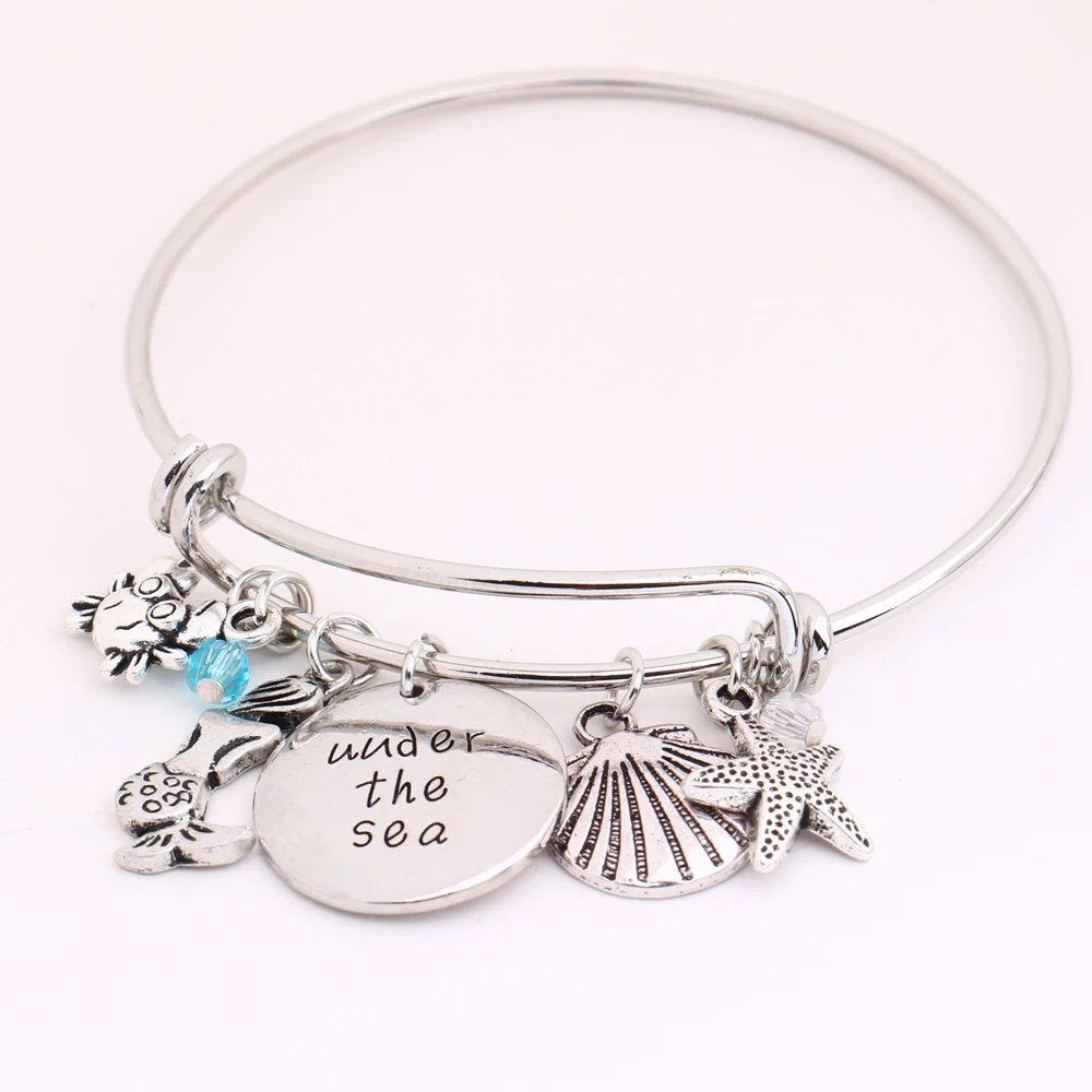 

"Under the sea"Mermaid Bangles,Ariel Little Mermaid Ocean Jewelry Crab,Starfish,Shell Crystals DIY Bracelet Halloween Christmas