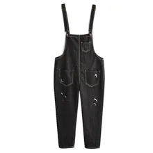 Двойные карманы спереди на спине джинсовые комбинезоны High Street для женщин свободное до щиколотки джинсы для брюки девочек