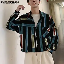 INCERUN Мужская корейская модная рубашка с длинными рукавами, с принтом, с отворотом, свободная, дышащая, мужская, дизайнерская, красивая