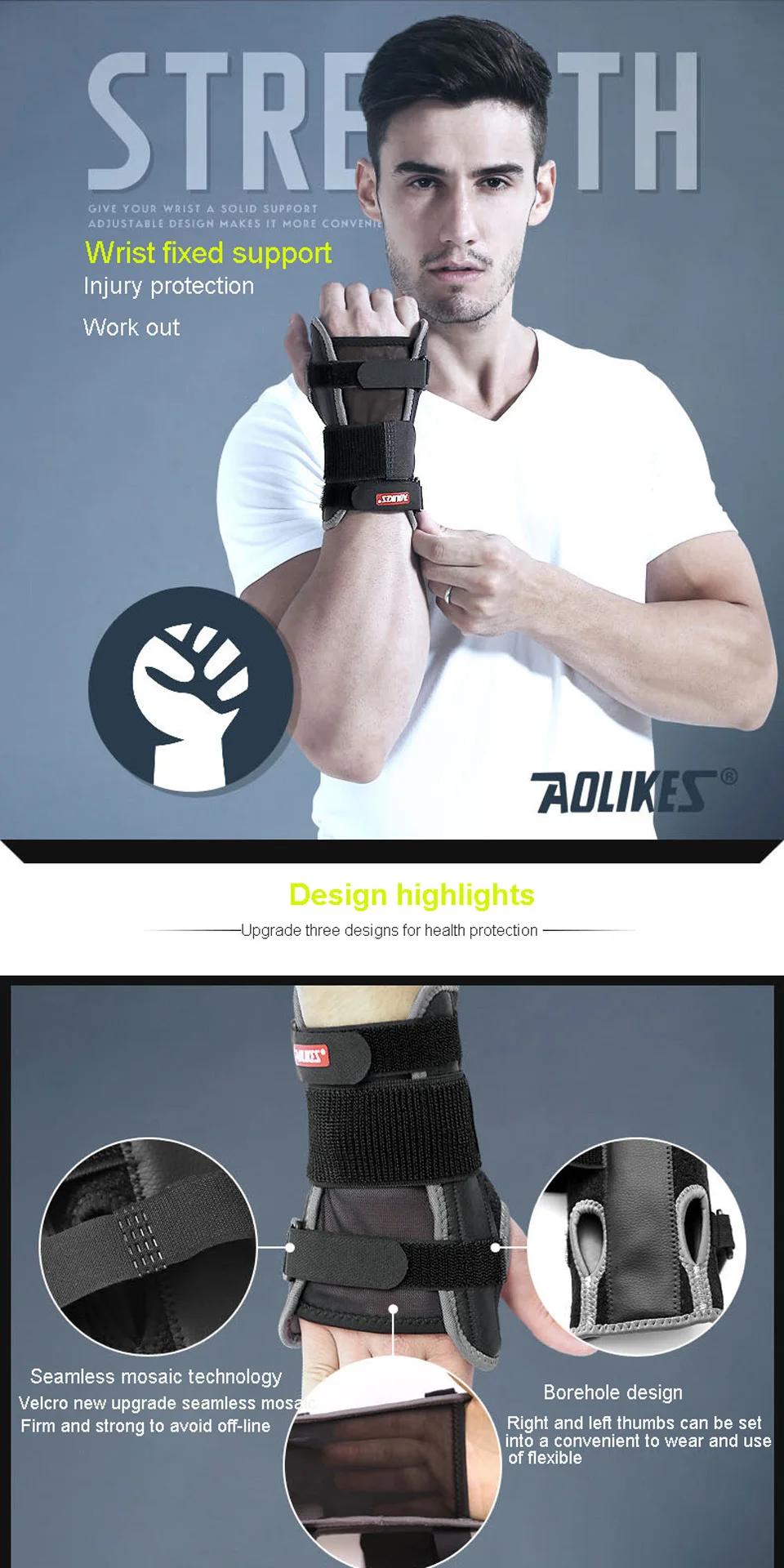 AOLIKES 1 шт., ручные браслеты, регулируемый браслет, стальная повязка на запястье, поддержка запястья, шина, переломы, карпальный туннель, спорт, растяжение