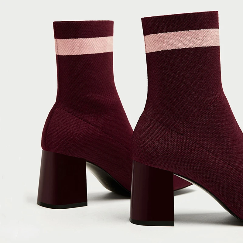Teahoo/ г.; зимние женские сапоги-носки винно-красного цвета; женские ботильоны с квадратным носком на высоком каблуке; теплые плюшевые зимние сапоги для женщин