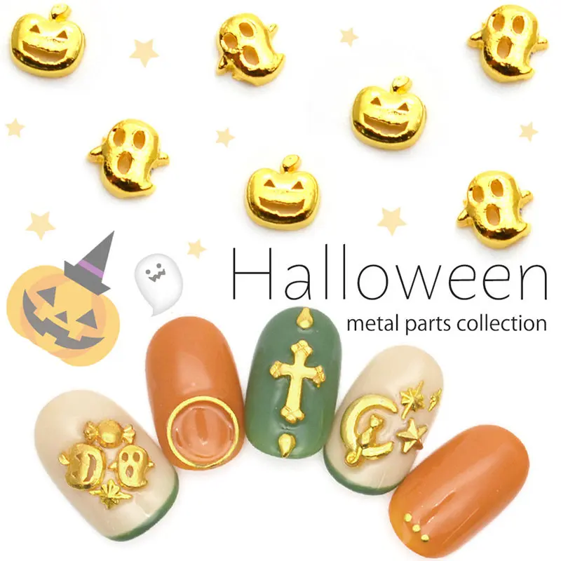 

50pcs gold metal nail art charms Halloween ghost/pumpkin alloy nail art stud nail art decorations fashion trend nail design