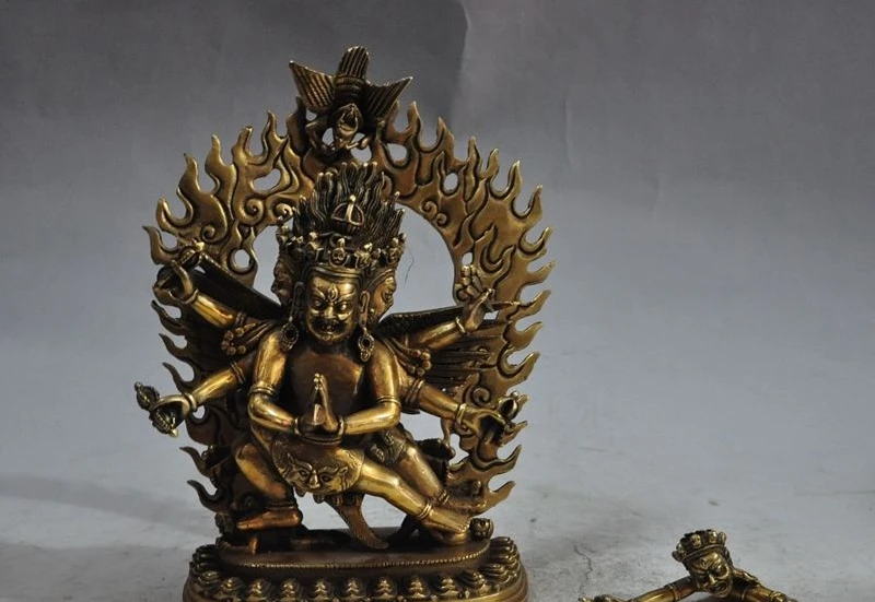 

10"tibet bronze gilt lotus 3 head 6 arms Mahakala hevajra Vajra King Kong statue