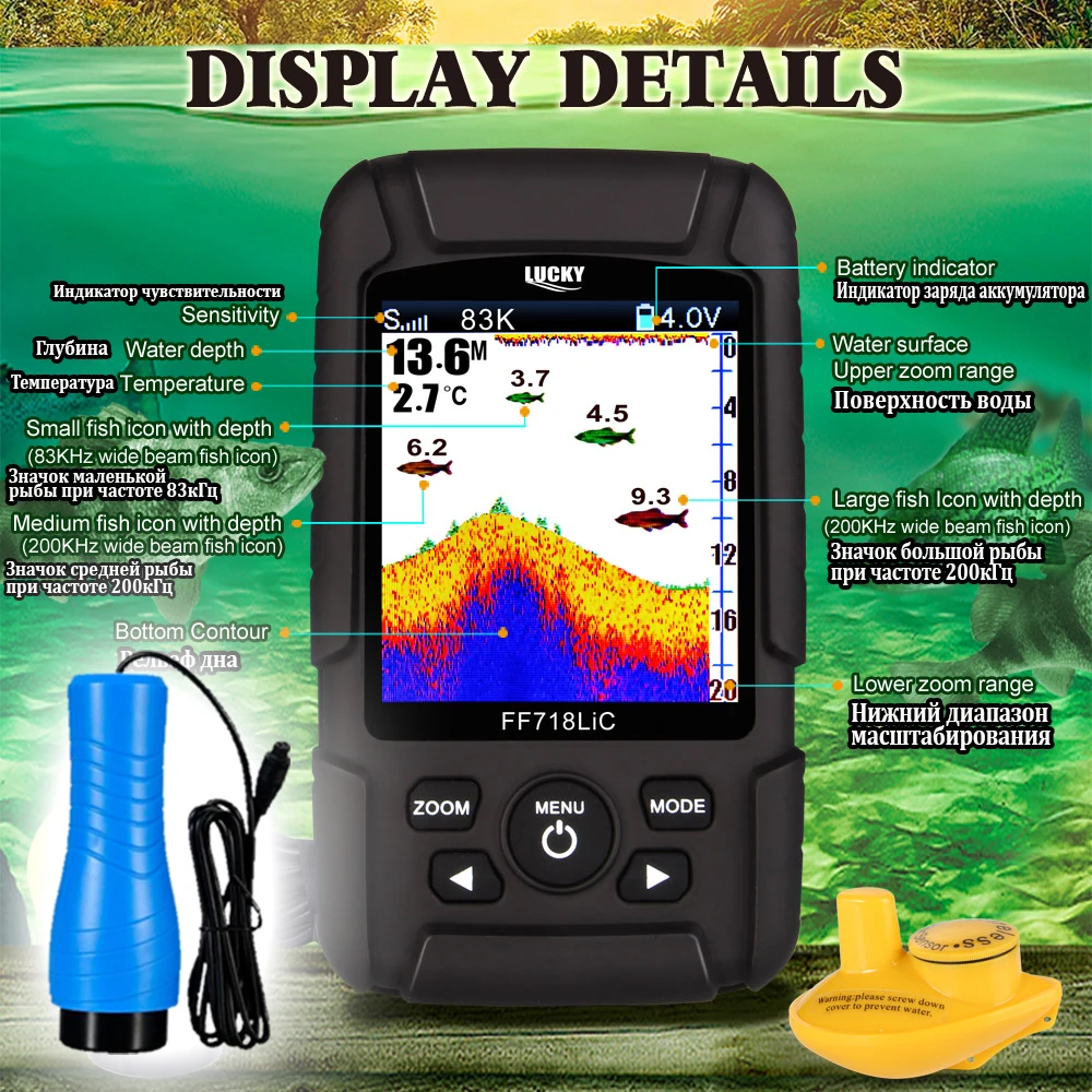 Sorte com Display a Cores à Prova Freqüência sem Fio Dwaterproof Água Sonar Duplo & Wired 200 Khz - 83 100 m Ff718licd Eco 21 Cheap Localizadores de peixe