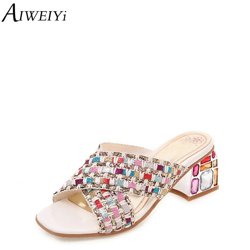 

AIWEIYi Women's Slippers Bohemia Thong Sandals Square Heel High Heels Summer Beach Flip Flops Casual Shoes Woman Mules