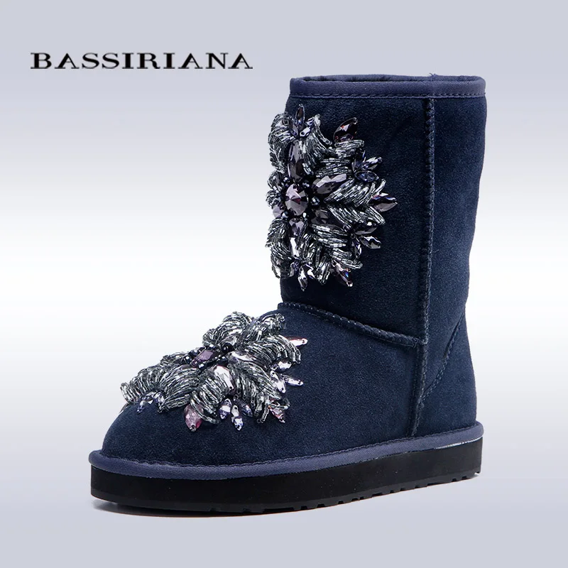 BASSIRIANA women s fashion blue sheepskin snow boots with crystal decoration Free shipping