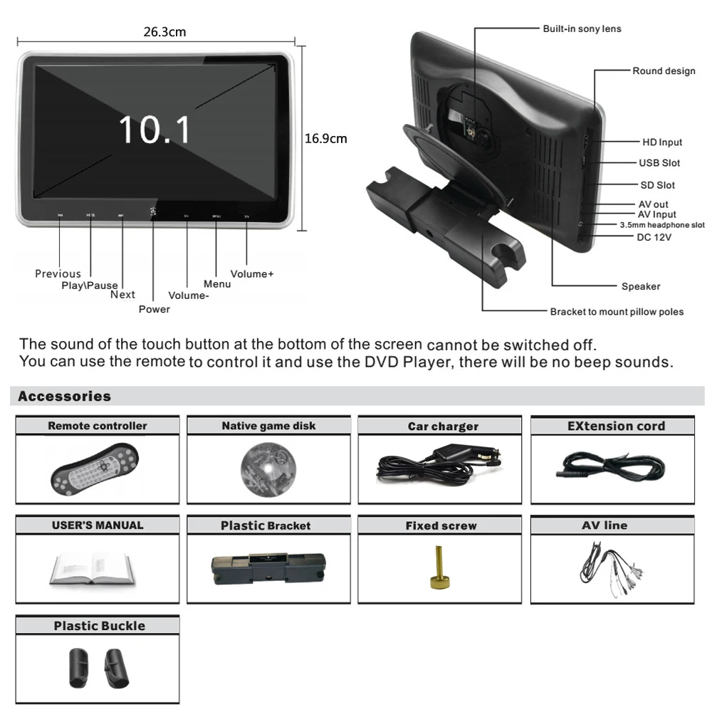 Clearance 10.1 Inch Car Headrest DVD Player Auto Monitor Player Touch Button Built-in Speakers Support Game Disk FM IR HD Input SD Card 13