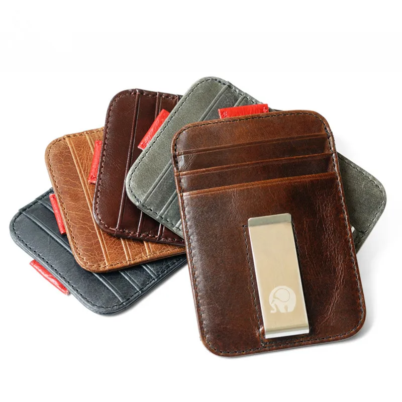 RFID Блокировка зажим для денег кошелек из натуральной кожи передний карман маленький держатель для кредитных карт мужской тонкий чехол для ID карт 4 цвета