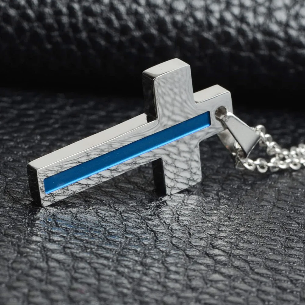 

Stainless steel The Thin Blue Line Necklace Blue Cross Pendant Necklace For Man Chain Vintage Jewelry 2017