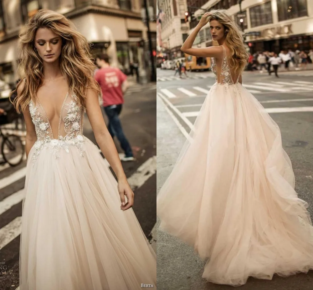На заказ Vestido De Noiva 2019 бежевый свадебный наряд сексуальный с открытой спиной v-образным вырезом бисера Свадебный платья платье robe de mariage