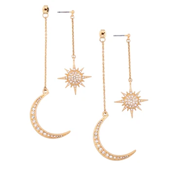 

New Fashion Crystal Moon Star Double Pendant Earrings Unique Design Antique Gold Color Charm Drop Earrings Trendy Jewelry