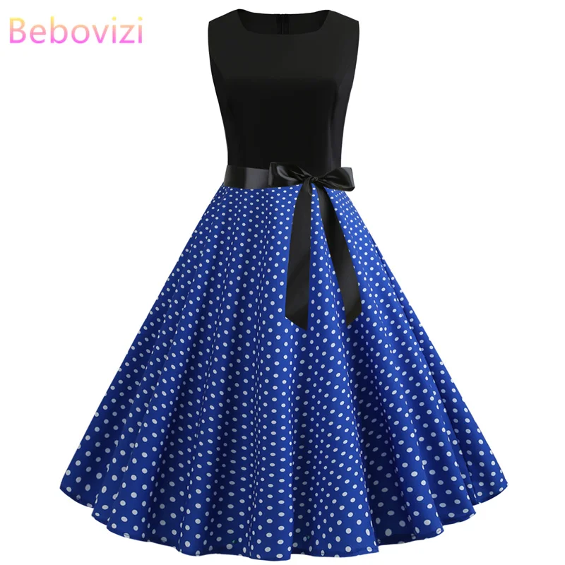 

Bebovizi Women New 2019 Summer Black Patchwork Vintage Bandage Dress Dot Print Casual Office Elegant Sexy Plus Size Blue Dresses