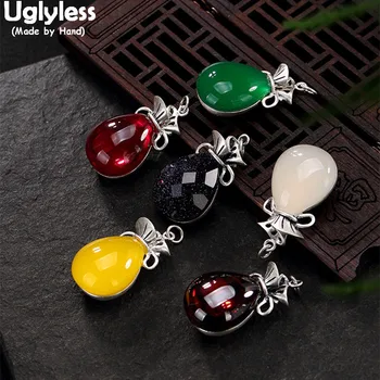

Uglyless Real 999 Fine Silver Women Natural Chalcedony Bag Pendant without Necklaces Vintage Handmade Buddha Hand Jewelry Ethnic