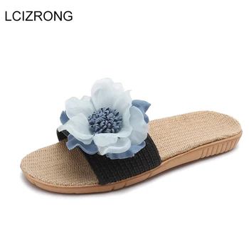 

LCIZRONG Summer New Fashion Lace Women Beach Slippers Linen Bathroom Flat Shoes Female 5 Colors Cool Girl Home Slippers Indoor