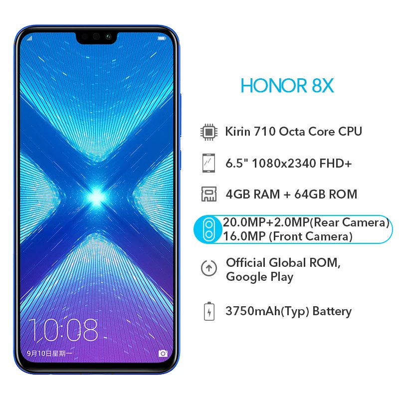 Оригинальный huawei смартфона Honor 8X4 Гб 64 8X20 Мп двойные задние Камера четрыре ядра