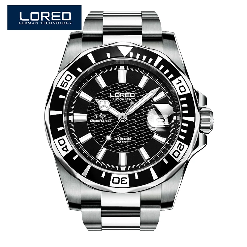 LOREO спортивные часы для мужчин 200 м водонепроницаемые автоматические механические часы светящийся вращающийся Безель винт Корона календарь 316L стальной ремешок