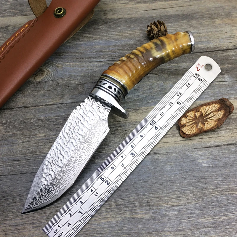 

High Quality Damascus Hunting Fixed Knives,Mongolian Gazelle's Horn Handle Forging Camping Survival Knife.Gift Tools
