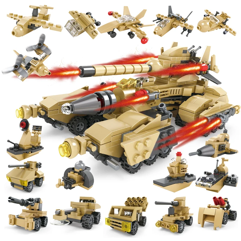 

580pcs Military Vehicle 16 Assembled 1 Super Tank Army Building Blocks Kit Transformation Toy Kids Gift Compatible with Legoings