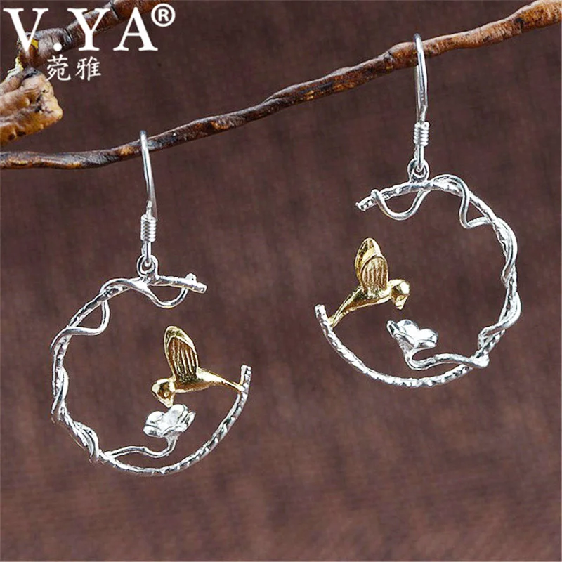 

V.YA Fashion Flower & Bird Silver Earrings for Women Solid 925 Sterling Silver Dangles Earrings Female Ladies Jewelry