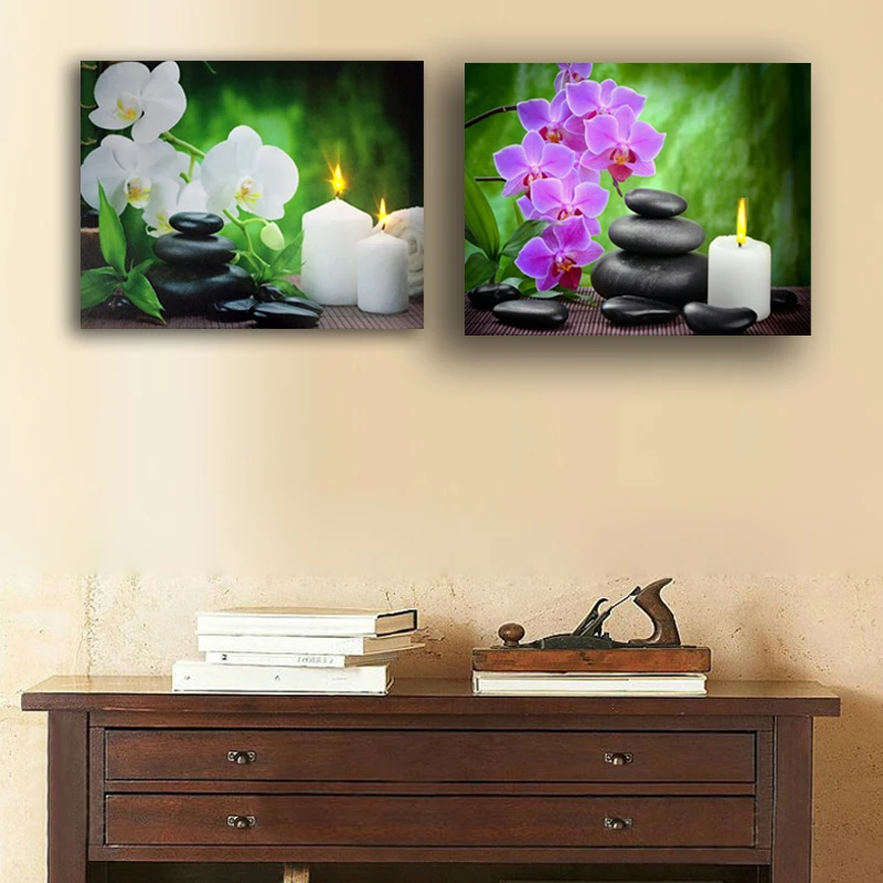

Led canvas art Relaxing spa zen stones with candles Orchid Flowers wall art picture light up painting framed print decor 16x24IN