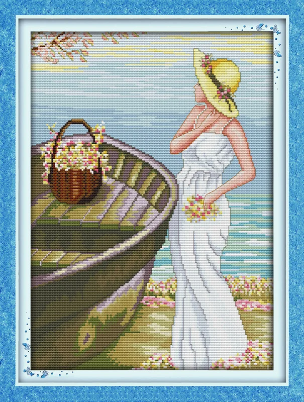 

Beautiful Seaside girl Printed Canvas DMC Counted Chinese Cross Stitch Kits printed Cross-stitch set Embroidery Needlework