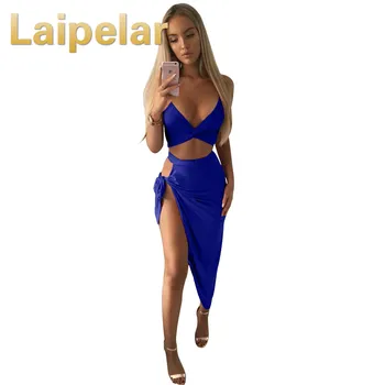 

Laipelar 2018 Summer 2 two Pieces Sets Women V Neck Bandage Crop Top and Side Split Tiebow Skirt Sexy Club Party Sets Dresses