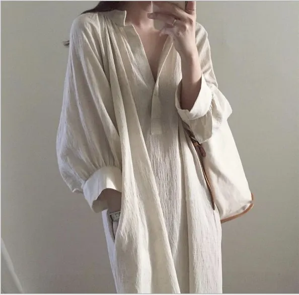 

2019 New Fashion Pleated V Collar Half Sleeve Split Long Type Dress Female's Loose Comfortable Hot Sale Vestido fw244