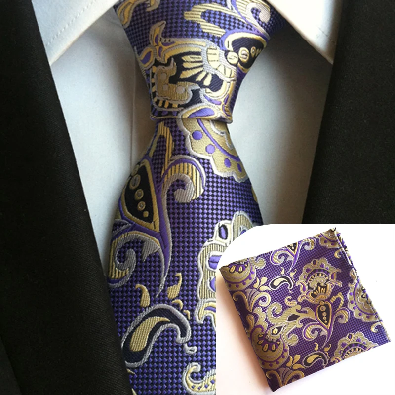  Tie 8cm Men Unique Ties Set with Luxury Purple Floral Paisley Handkerchief for Wedding