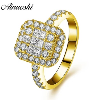 

AINUOSHI Luxury 14K Solid Yellow Gold Square Halo Ring Pave Setting Sona Diamond CZ Wedding Engagement Bridal Band Cluster Ring