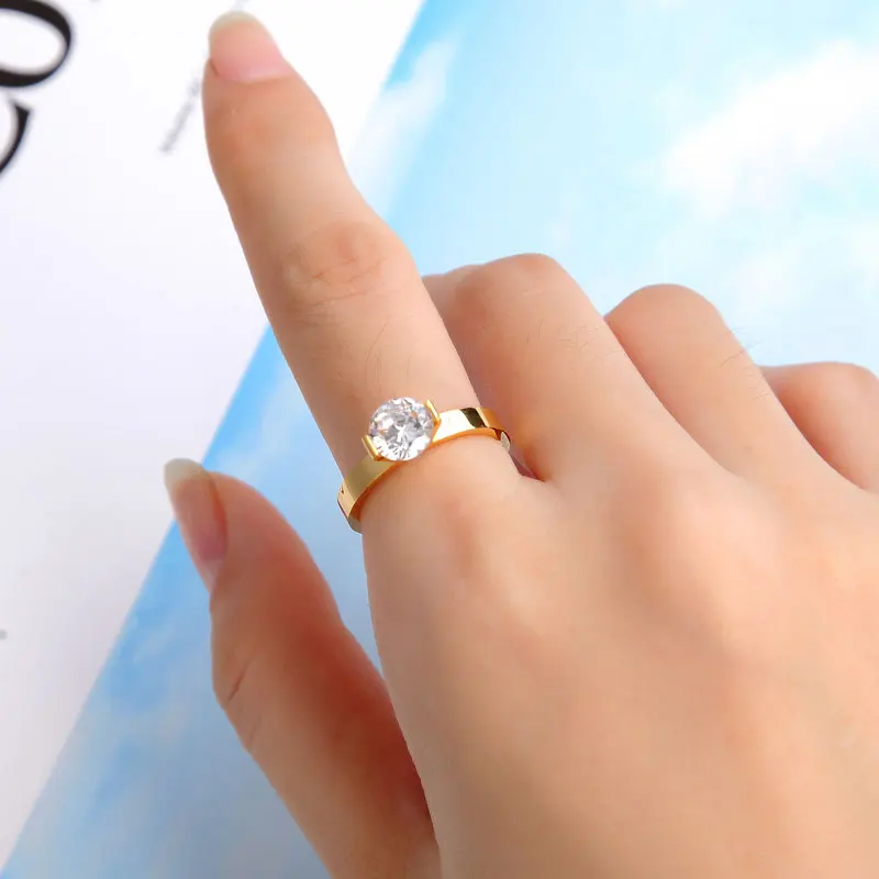 1 Carat Crystal Ring for Wedding Titanium Steel Gold Color Jewelry Woman Ring