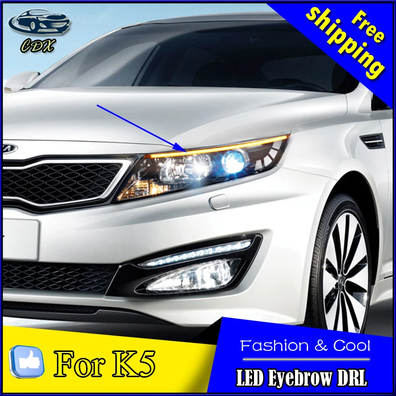 車のスタイリングヘッドライトled眉毛drl用kia k5 2013 2014 2015昼間ランニングライトdrlで黄色ターン信号光