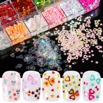 

12 Grids/Set Colorful AB Glitter Empty Heart Stars Sequins Nail Art Holographic Paillette Slice Decoration DIY CT22#