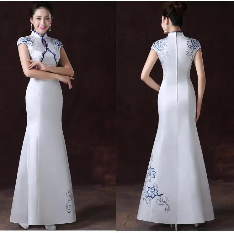 Белый женский цветок Qipao восточный женский улучшенный Cheongsam китайский невесты печатных атласное свадебное платье vestidos XS-XXL - Цвет: White2