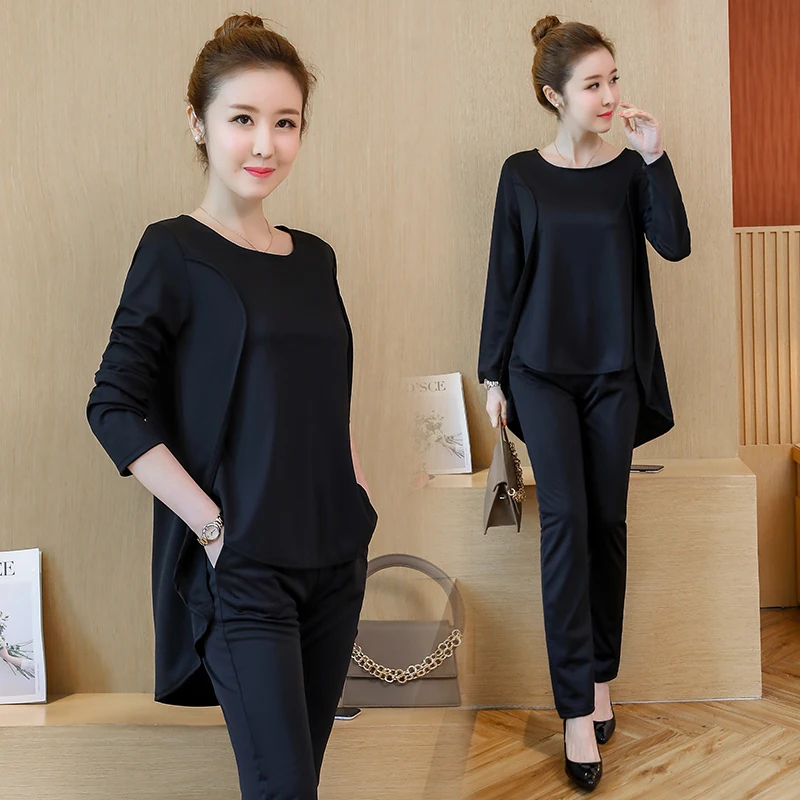 2018 New Women 2 Piece Set Women Suit Female Long Sleeve Lrregular Hem Tops Work Clothes Trousers Two-Piece Sets Foot Trousers