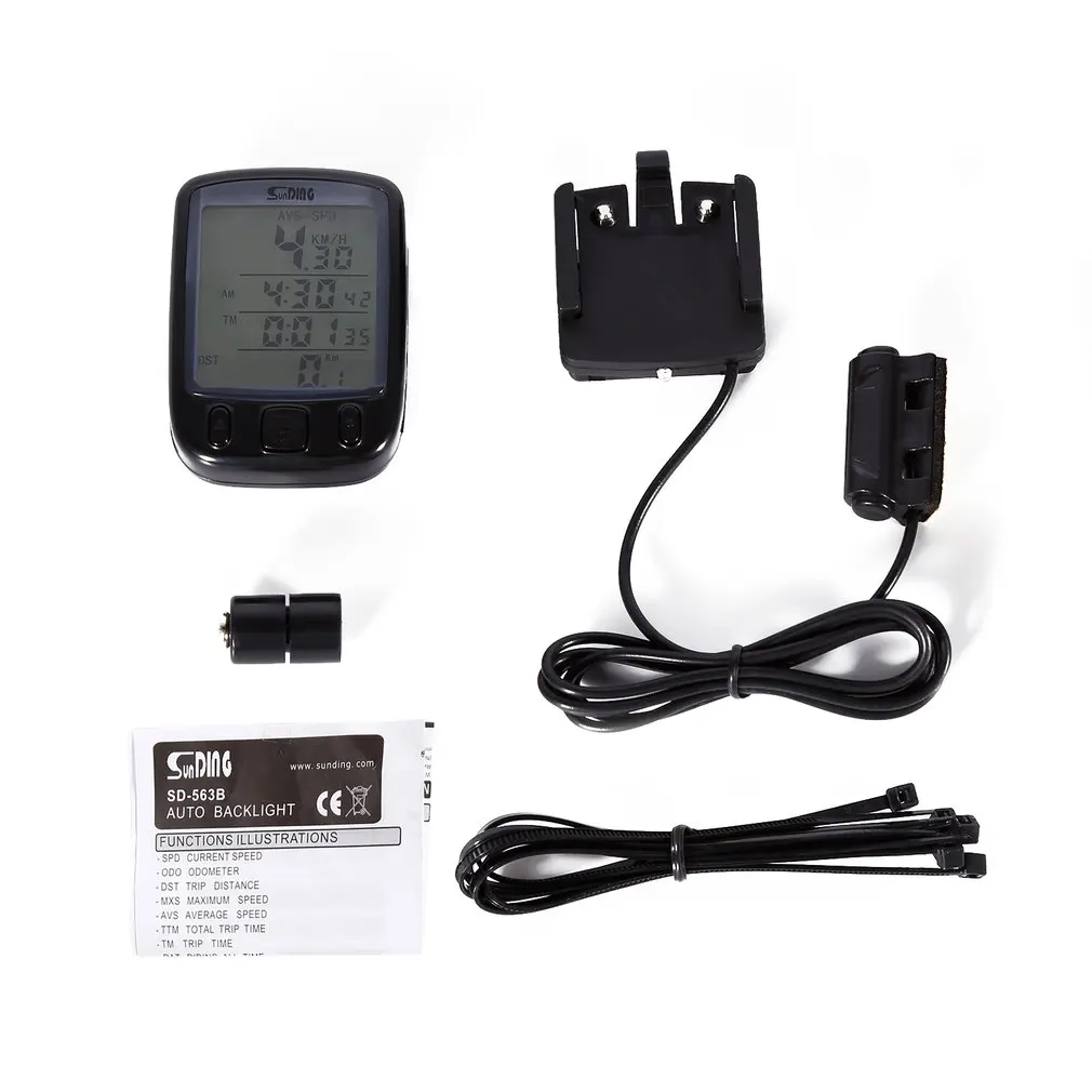 1pc SunDing SD 563B Waterproof LCD Display Cycling Bike Bicycle Computer Odometer Speedometer with Green Backlight - Цвет: black