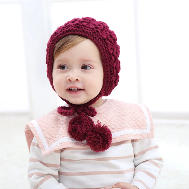 Милая вязаная шапка для маленьких девочек с двумя помпонами; Осенняя зимняя Лыжная шапочка для малышей; теплая шапка для малышей