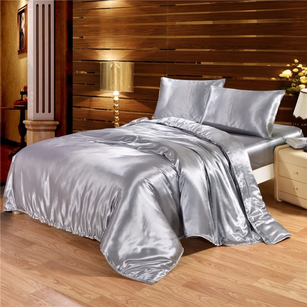Solid Color Satin Faux Silk Grey Bedding set Duvet Cover Set Silky Bed cover 2/3/4PCS US Twin