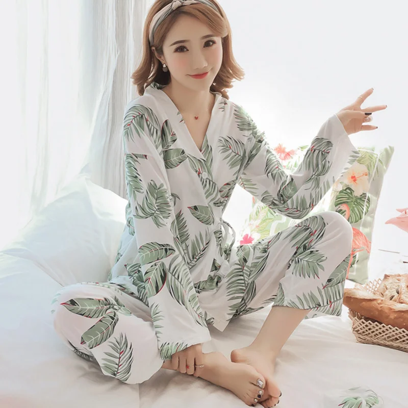 baratas Impressão 2 pc Luz Magro Mulheres Manga Comprida Caixilhos Kimono Feminino Pijamas Ternos 2018 Outono Inverno Feminino Simples Mulher Sleepwear
