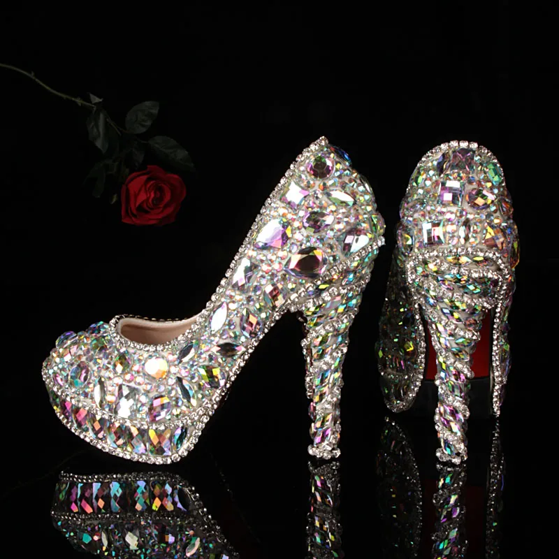 Free shipping 2015 New Colorful glass slipper diamond wedding shoes ...