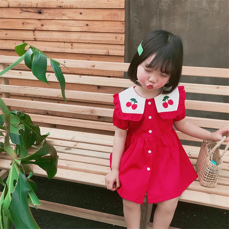 

Summer infant girls cherry embroidery cute sailor collar dresses 2019 pure cotton baby girl short sleeve rompers